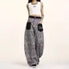 Jeans retro de calle americanos con parche de leopardo y bolsillos, para hombre y mujer, estilo callejero holgado, pierna ancha, curvos, casual, pantalones largos