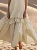 Vestido Longo em Camadas sem Mangas com Decote em V Estilo Boêmio de Alta Qualidade para Mulheres, Vestido Off-White Soltinho com Barra Larga para Estilo de Férias