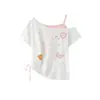 Camiseta de Manga Corta con Tirante de Botón y Parche de Corazón Estilo Coreano para Mujer, Verano 2026 Ajustada Transparente Falso Dos Piezas