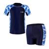 Traje de baño deportivo de dos piezas para niños, estilo camuflaje azul y blanco, bloques de color, manga corta, secado rápido, protección solar, traje de baño profesional para entrenamiento