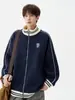 Chamarra Sudadera Estilo Americano Gris con Cuello Alto para Hombres y Mujeres, Cardigan Top con Cremallera Holgado Pesado para Otoño e Invierno