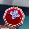 Anillo de Trébol de Cuatro Hojas Plata de Ley Diamante Piedra Lunar Azul Natural Anillo para Mujer Apertura Piedra Principal 4x5mm Regalo de Cumpleaños