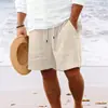 Nuevos Pantalones Cortos de Algodón y Lino con Múltiples Bolsillos y Cordón Rayados Casuales de Playa para Hombre de la Nueva Estación Independiente de Amazon Europea y Americana