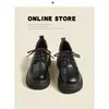 Sapatos de Couro de Salto Alto com Solado Grosso de Duas Camadas para Mulheres, Novo Estilo Primavera e Outono 2026, Cadarço, Estilo Britânico Retrô, Bico Redondo, Sapatos Pretos Versáteis de Uma Peça