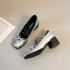 Estilo Design Francês~Sapatilhas Prateadas para Mulheres, Coleção Primavera 2026, Sapatos Mary Jane com Salto Grosso, Gentis e Elegantes, Perfeitos para Combinar com Vestidos