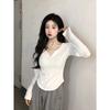 Pure Desire Style V-neck Slim-fit Slimming Manga comprida Ombro 2024 Novo Design Hot Girl Sexy All-match Fashion Top