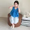 Conjunto de Verano para Niña 2026 Nuevo Verano Infantil Azul Klein Lazo Pantalones Rayados para Bebé Conjunto de Dos Piezas
