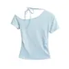 FS561-25 Primavera Novo Estilo Europeu e Americano INS Blogueira Cadarço Ajustado Manga Curta Camiseta com Pregas no Ombro Inclinado