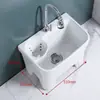 Fregadero de balcón para mopa con reposapiés, lavabo para fregar mopa, lavabo para mopa de suelo con desagüe lateral, con cesta de drenaje, drenaje automático, cerámica, otros