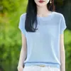 Nueva Camiseta de Punto para Mujer Primavera/Verano 2026, Tencel Lino, Cuello Redondo, Manga Corta, Color Sólido, Calado, Holgada, Capa Base