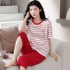 Pijama de Algodón para Mujer Verano Manga Corta Pantalón Capri Simple Casual Estampado de Letras Cuello Redondo Traje para Casa para Salir