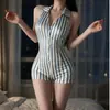 Jieyou Fun Lingerie Desejo Prólogo Decote Profundo Costas Nuas Estampado Listrado Sem Fundo Bodysuit 9329