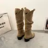 Abertura Grande para Panturrilha Corte em V Botas de Montaria Longas Femininas 2026 Outono/Inverno Novas Salto Grosso Bico Fino Recorte Chelsea Western Cowboy Botas Plissadas