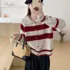 Estilo coreano vintage contraste listrado lapela suéter cardigan casaco feminino outono e inverno solto estilo preguiçoso pequeno suéter de malha