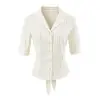 Camisa de Traje a Rayas para Mujer Coreana Verano Nuevo Estilo Francés Temperamento Cintura ceñida con Lazo Adelgazante Manga Corta Top Amarillo Claro