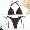 Bikini Sexy de Color Sólido Dividido Europeo y Americano para Mujer Transfronterizo Caliente Ajustado Fruncido Escote en V Profundo Bikini de Gama Alta para Mujer