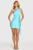 Vestido de satén elegante de un solo hombro en color liso de lujo ligero estilo francés con diseño de cuello halter drapeado, corte ajustado, vestido bodycon sin espalda