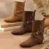 Botas Buckle 2026 Nova Moda Aumenta Altura Versátil Western Plissada Retrô Meia-Bota Botas de Equitação Redondas Empilhadas