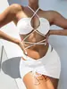 Bikini Sexy Traje de Baño Sexy con Tirantes Halter Chica de Tres Puntos Falda Exportación Europea y Americana Traje de Baño de Tres Piezas para Mujeres