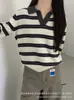 Tricô Listrado de Gola V Preguiçoso Estilo Coreano para Mulheres, Novo Estilo Outono/Inverno, Solto, Versátil, Estilo College, Suéter de Manga Longa