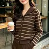 Cardigan com gola marinha feminino outono e inverno novo estilo universitário lapela cor contrastante casual temperamento listrado malha manga longa cardigan feminino