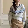Suéter de Tricô Fair Isle Retrô para Mulheres, Outono e Inverno, Estilo Solto e Relaxado, Peça de Tricô Macia e Grossa