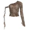 Estilo Europeo y Americano 2025 Otoño e Invierno Amazon Nueva Moda Callejera Creativo de Un Solo Hombro Sexy Estampado de Leopardo Ajustado Top