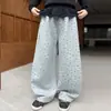 Calça Feminina 2026 Outono/Inverno Novidades Infantis Patchwork com Veludo Adicionado Calça de Pernas Largas Crianças de Meia-Idade Solta Versátil Casual Calça Longa Tendência