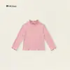 Blusa base feminina com babados e gola alta meia, estilo primavera e outono, manga longa justa e elástica, top infantil liso
