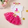 Conjunto de cumpleaños transfronterizo para niña, con un mameluco de manga volada, una falda tutú de lunares y una diadema - un conjunto de tres piezas para la celebración del primer cumpleaños de una niña