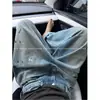 3776 # Calça Jeans Reta Solta com Design Casual e Pernas Largas, Pintura Graffiti Desgastada