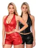 Fábrica Personalizada Europeu e Americano Transfronteiriço Amazon Couro PU Vermelho Top Cropped de Gola Alta Couro PU Shorts Ultra-curtos Emagrecedor Hot Girl