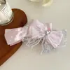 Grampo de Banana para Cabelo com Laço de Cetim e Renda de Bolinhas Estilo Ballet Acessório de Cabelo Atacado