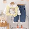 Roupas de bebê Roupas de primavera e outono Lapela da menina Gato Bonito Camisola Colete Conjunto de três peças Um ano de idade Baby Girl terno