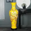 Jingdezhen Cerámica Roja y Amarilla Atrae la Fortuna Florero Grande de Pie Estilo Chino Decoración de Sala de Estar Adornos de Oficina Extra Grande