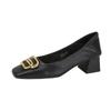 G500-7 Couro Genuíno Salto Grosso Sapatos de Trabalho 2025 Novo Estilo Francês Quente Boca Rasa Salto Grosso Fivela de Metal 5cm Sapatos para o Trabalho