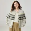Cárdigan de Punto Jacquard Geométrico Retro Estilo Fair Isle Otoño Invierno para Mujer Cuello Redondo Botón Manga Larga Corte Holgado Suéter Ropa de Abrigo