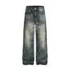 Calça Jeans Reta Vintage Estilo Punk Desgastada para Homens, Caimento Solto, Lavagem Desbotada, Calça Larga Casual Moda de Rua