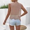 Top sin mangas de ganchillo hueco color beige, estilo europeo y americano, con dobladillo ondulado, chaleco tejido suelto estilo perezoso de imitación