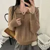 Suéter de punto para mujer con cuello polo, tejido de punto calado y trenzado, nueva colección otoño/invierno 2026, top de punto elegante y versátil de manga larga
