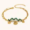 Pulseira de Disco Pequeno com Padrão Martelado na Palma de Turquesa Natural Europeia e Americana Transfronteiriça Pulseira de Moeda Redonda Banhada a Ouro 18K em Aço Inoxidável