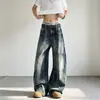 Calças jeans retas lavadas com efeito desgastado estilo americano para homens, calças largas casuais da moda de verão, amassadas e soltas para adolescentes