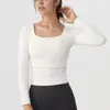Camiseta Esportiva Feminina de Manga Longa para Outono e Inverno, com Bojo, Costas Abertas e Decote Quadrado, Modelagem Justa, Adequada para Uso ao Ar Livre