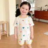 Traje de Manga Corta para Niña Verano Nuevo Estilo Estampado de Dibujos Animados Camiseta de Cuello Redondo Bebé Casual Delgado Elegante Pantalones Acampanados