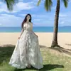 Vestido de alta gama estilo francés con cuello halter y espalda de amarre, con una vibra súper de hada, perfecto para sesiones de fotos de vacaciones en la playa, vestido largo para verano
