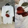 26 Estilo Nuevo de Principios de Primavera Algodón Lino Sensación de Piel Lavado con Enzimas de Aire Estampado de Cerezas Cuello Redondo Corte Holgado Camisa de Manga Corta