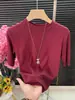 Camiseta Rosa Frambuesa Pequeña con Cuello Alto y Manga de Tres Cuartos para Mujer, Camisa Base Lisa Elegante y Versátil, Top Interior Elegante de Manga Corta, Moderno