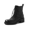 Botas Martin de Piel de Vacuno Lavada Texturizada Otoño e Invierno 2024 Tacón Medio Grueso Punta Redonda Cuero con Cordones Talla para Mujer Talla