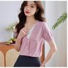 Top Camiseta de Punto de Seda de Hielo Falso de Dos Piezas para Mujer de Manga Corta 2025 Verano Nuevo Estilo Coreano Moda Casual Slim Cuello en V