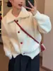 Cardigã suéter branco de bolinhas retrô estilo coreano soltinho de gola alta para mulheres, versátil elegante para primavera e outono estilo Harajuku